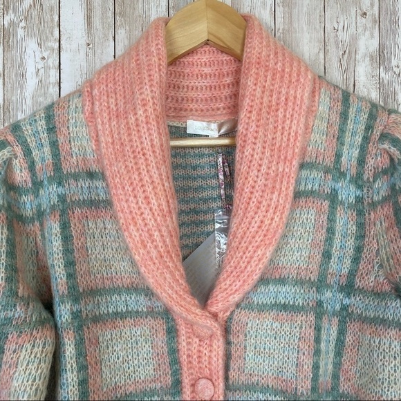LoveShackFancy Jeeves‎ Magnolia Pink Plaid Wool and Mohair Long Sleeve Cardigan - Picture 4 of 13